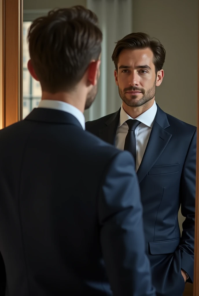 Portrait of a businessman in New York standing behind his bedroom mirror in a suit watching himself in the mirror, this man must be handsome and with little elegant hair the image must be clear and in 8k and behind him you must see New York