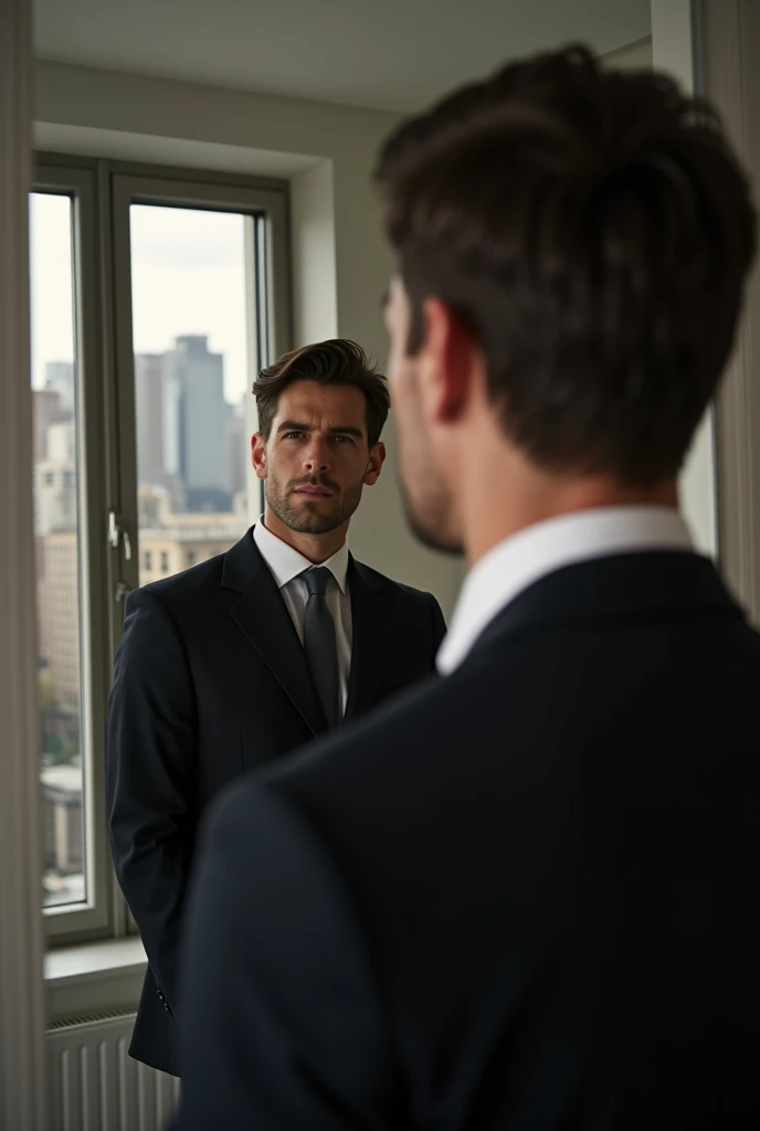 Portrait of a businessman in New York standing behind his bedroom mirror in a suit watching himself in the mirror, this man must be handsome and with little elegant hair the image must be clear and in 8k and behind him you must see New York