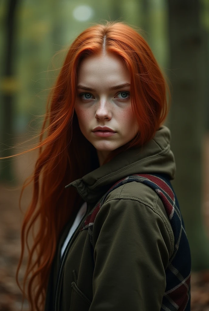 I want the image with the redheaded woman that you sent me but with a forest behind it