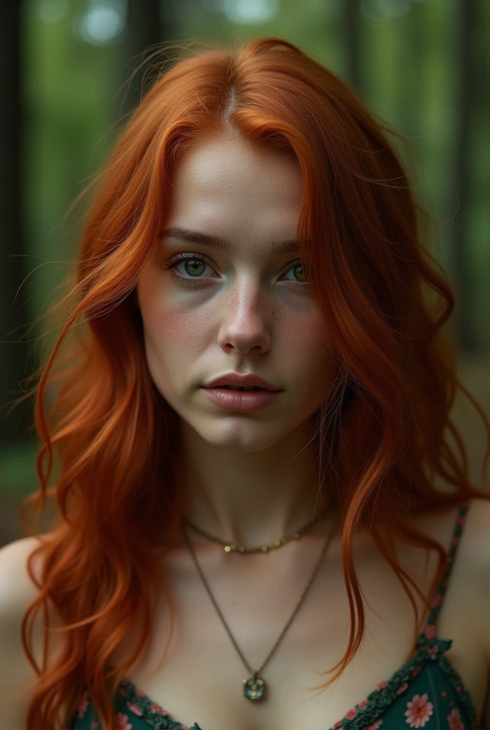Naked redhead girl kneels in the forest and sucks a man&#39;s cock, which rests against her cheek