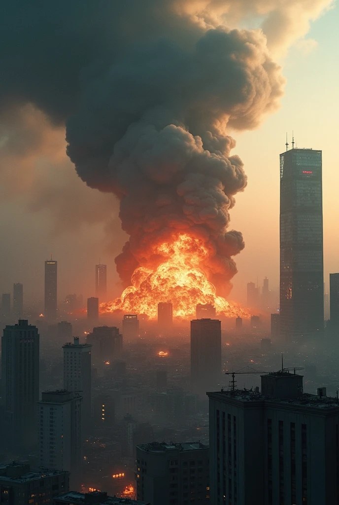 (photorealism:1.2)  terrorism movie poster with smoke and buildings exploding in the background 

