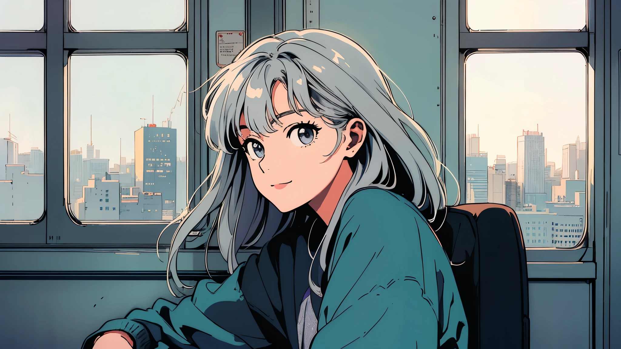 A smile girl on a train, her long hair showing a gradient from gray to silver, staring out the window as the city passes by, with a peaceful, introspective mood, {(wide shot)}, calm expression.