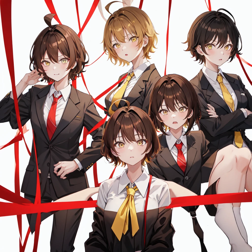 前hair, Ahoge,, short_hair, yellow_eye, tie, red_tie, Closed_mouth, Best, brown_Best, red面,White Background