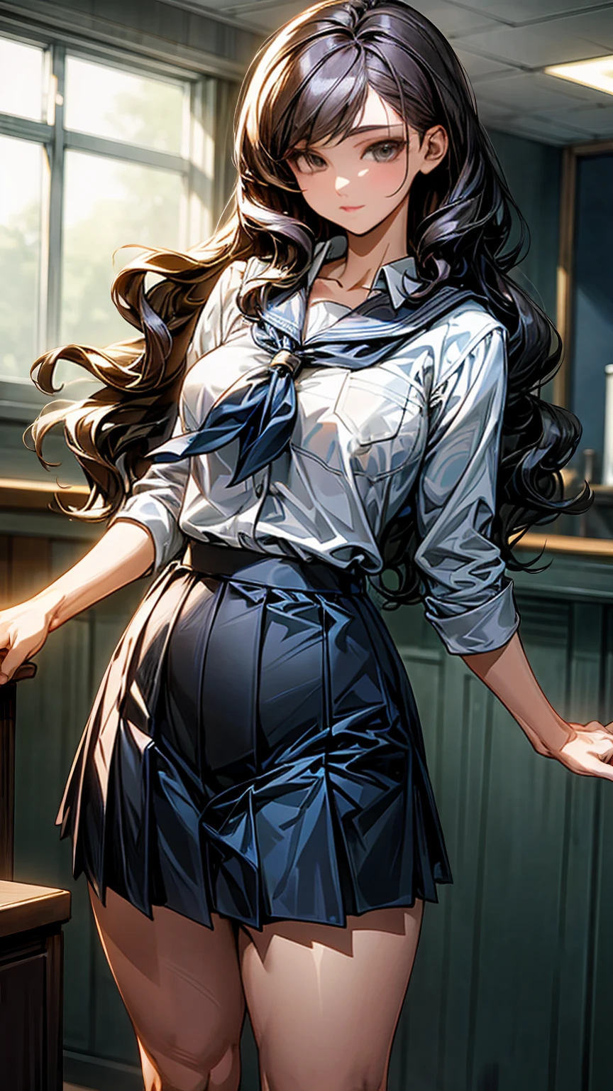 1 schoolgirl, strong and dominant personality, standing confidently, sexy and curvy body, front view, wearing a modified school uniform with a short skirt and tight blouse, long wavy hair, intense and assertive expression, indoor setting, dim lighting, highly detailed, high quality, anime style, masterpiece