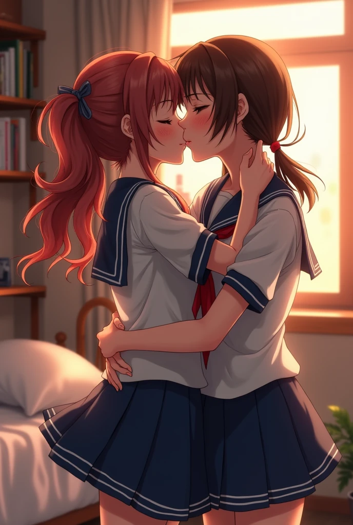 Mikoto Misaka passionately kissing Kuroko Shirai in the Tokiwadai dorms