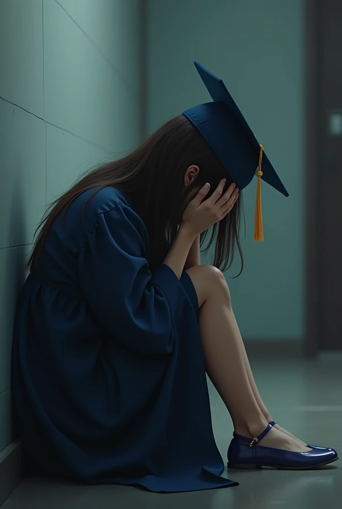 Behind a girl who graduated in college put herself crying because of her studies. They should be both sitting 

