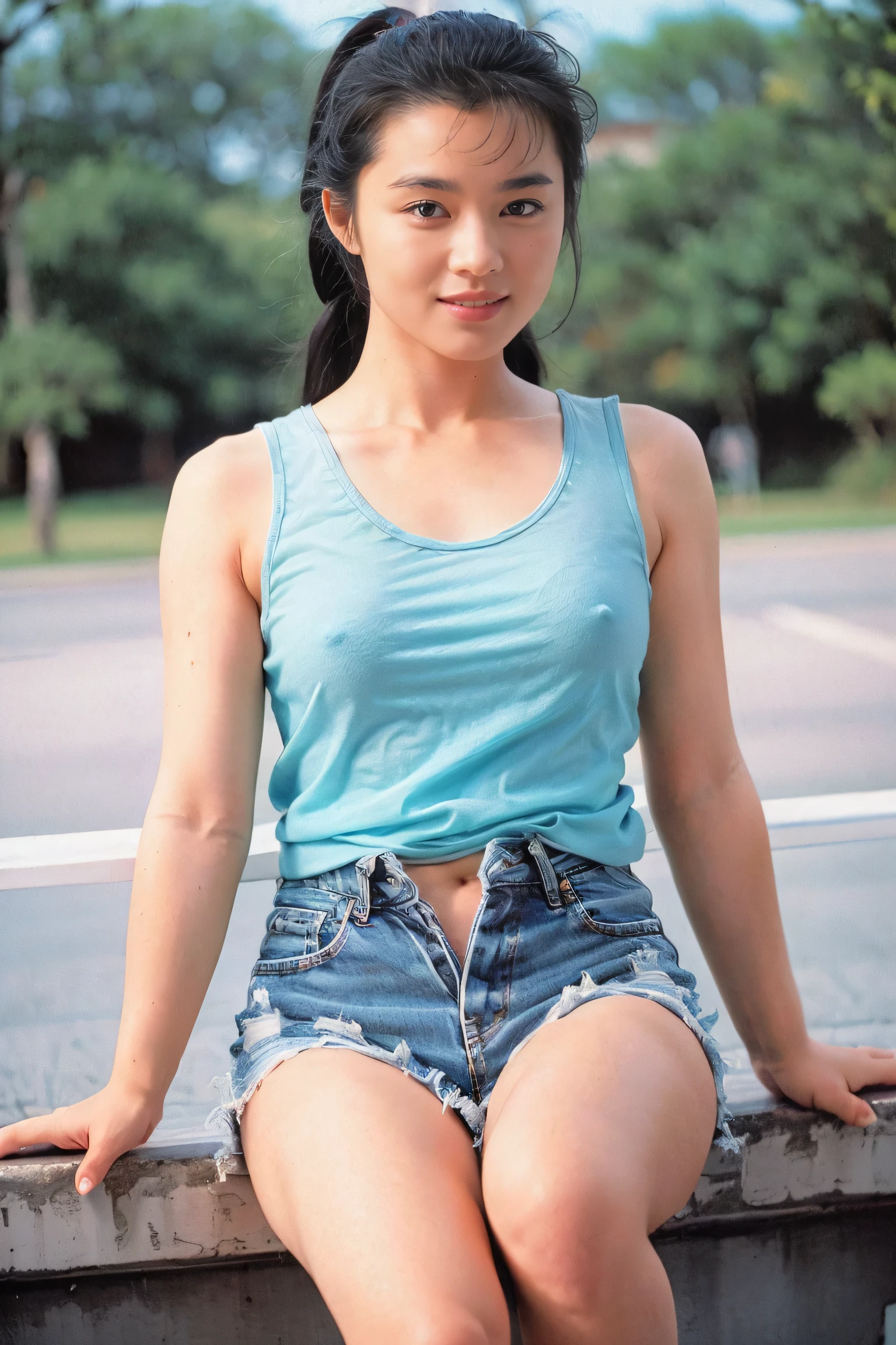 ((Highest quality、8k resolution、masterpiece、Portraiture:1.3)), Realistic, 35mm Film,One Girl,pony tail,(tanktop_denim shorts),(out door_city street)