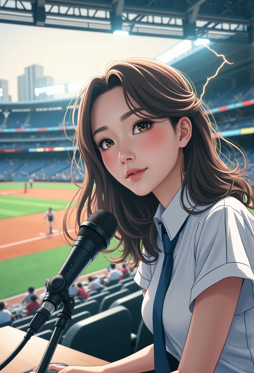 Woman sitting at a desk in front of a microphone, Instagram, Shinhanga, baseball stadium during a game, bright atmosphere, Tokyo Dome, covered!!, official media, Akira Toriyama, lightning!! (((photo, photorealism))) Adult video poster layout, on-screen text: "The current female announcer of that famous baseball team makes a shocking AV debut!!", (((DVD mark, Blu-ray mark))).