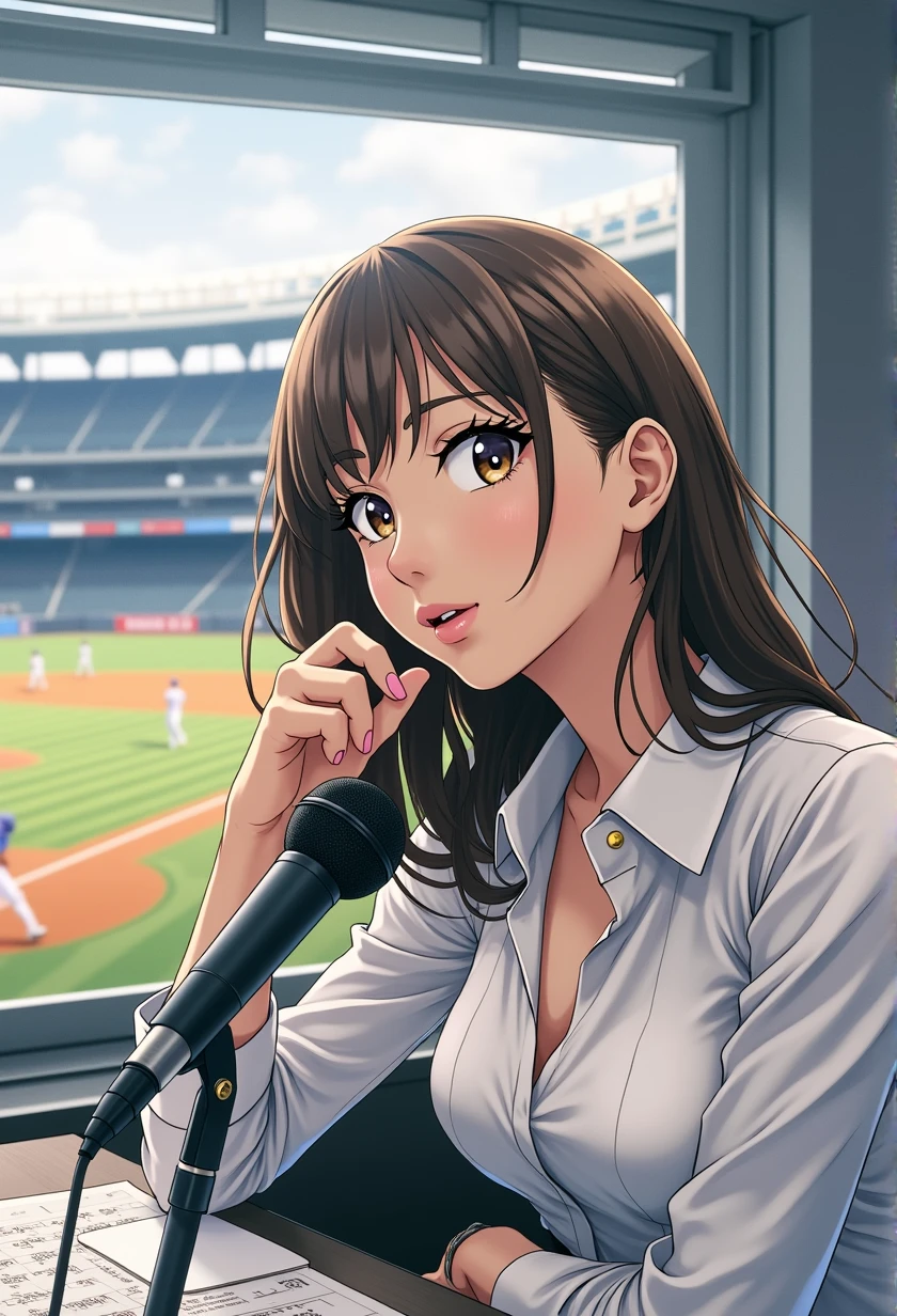 Woman sitting at a desk in front of a microphone, Instagram, Shinhanga, baseball stadium during a game, bright atmosphere, Tokyo Dome, covered!!, official media, Akira Toriyama, lightning!! (((photo, photorealism))) Adult video poster layout, on-screen text: "The current female announcer of that famous baseball team makes a shocking AV debut!!", (((DVD mark, Blu-ray mark))).