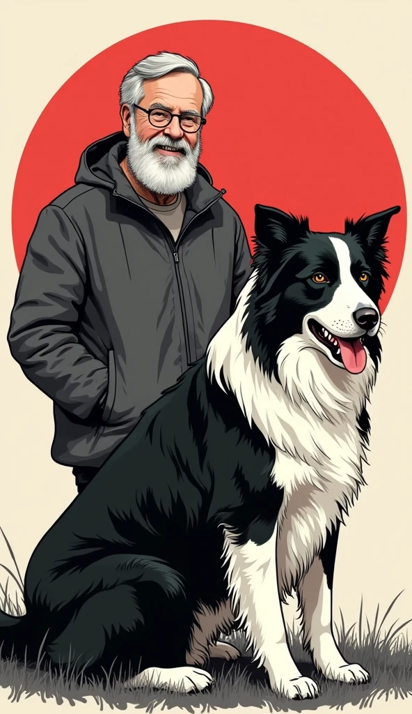 an illustration of a 40 year old man, next to a border collie dog with the illustration background in black colors, white and red