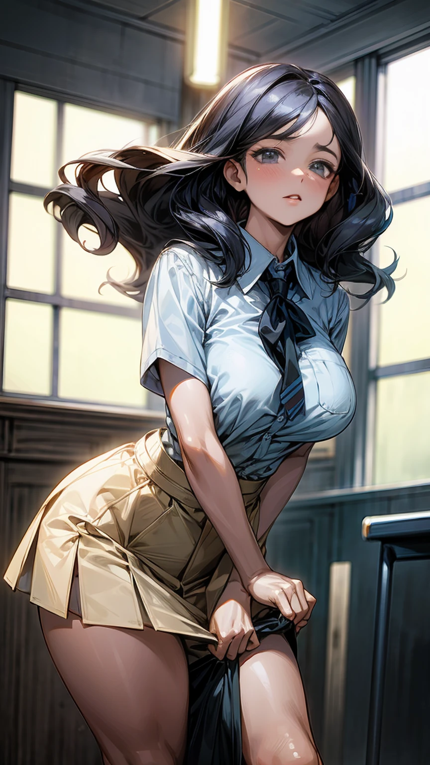 (1 person、solo), Beautiful woman, High definition beautiful black eyes、Anatomically perfect body, (Slender)、(High school girls), (Blazer uniform、White shirt, Pleated skirt), (Pussy juice:1.2),  (Look down:1.2), (Embrace your chest:1.2)、Leaning forward、16 years old、(Highest quality)、Black Hair, (half updo), classroom、(8k, High resolution)、(shy:1.4)、Mid-chest, (steam:1.1), (embarrassed:1.3), show off nipples under shirt、(wide shot), (Inner thighs)