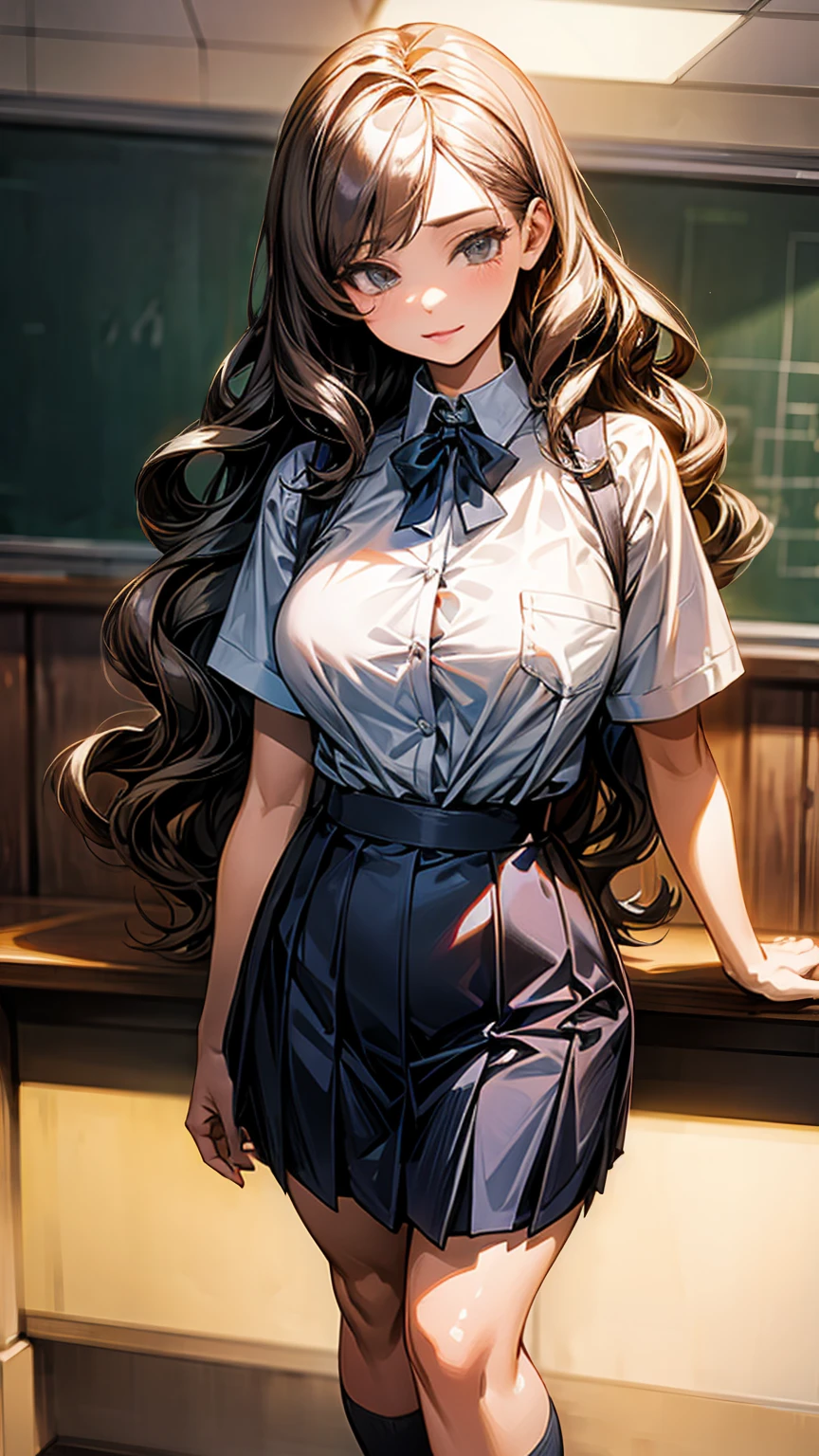 1 schoolgirl, strong and dominant personality, standing confidently, sexy and curvy body, front view, wearing a modified school uniform with a short skirt and tight blouse, long wavy hair, intense and assertive expression, indoor setting, dim lighting, highly detailed, high quality, anime style, masterpiece