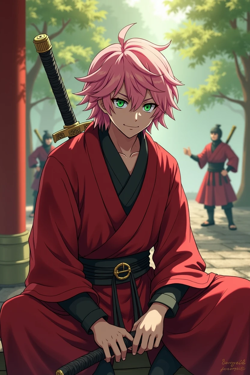 A ninja man, without mask, green eyes, pink hair, wavy hair, smiling, red tunic, holding a sword, sitting, in a temple, in the forest, at noon, sunshine, warriors training in the background