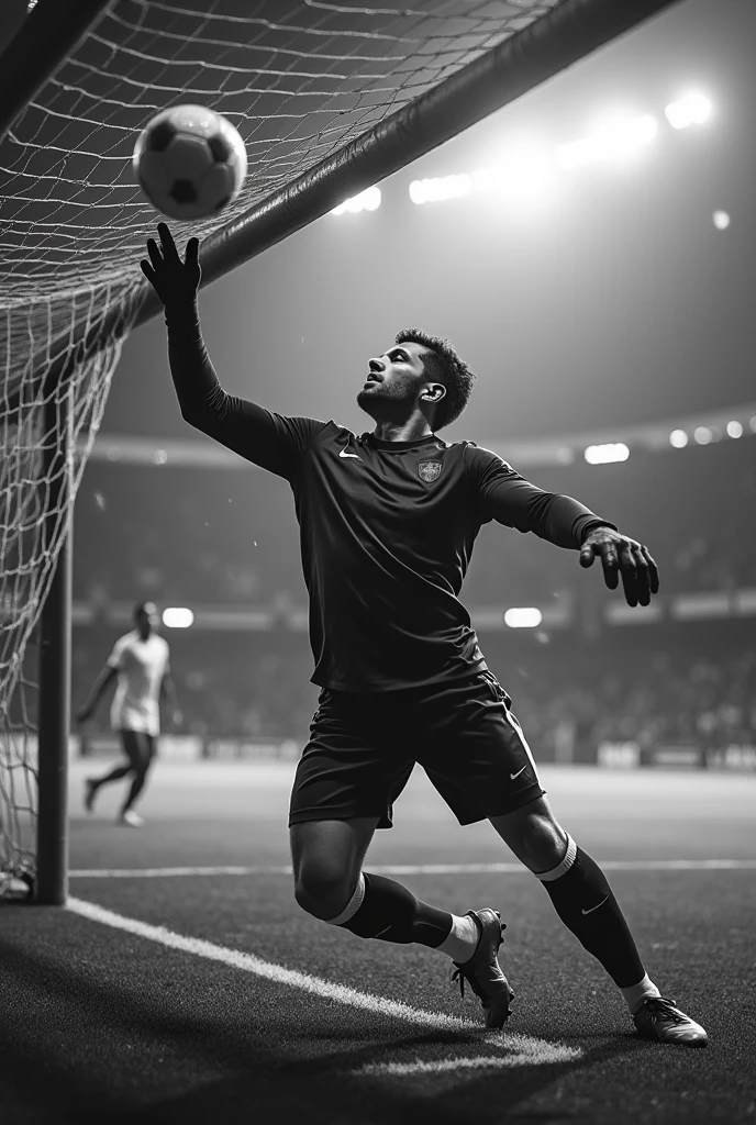 Black and white image of a goalkeeper stopping a ball with his wrong hand in the upper left corner of a goal