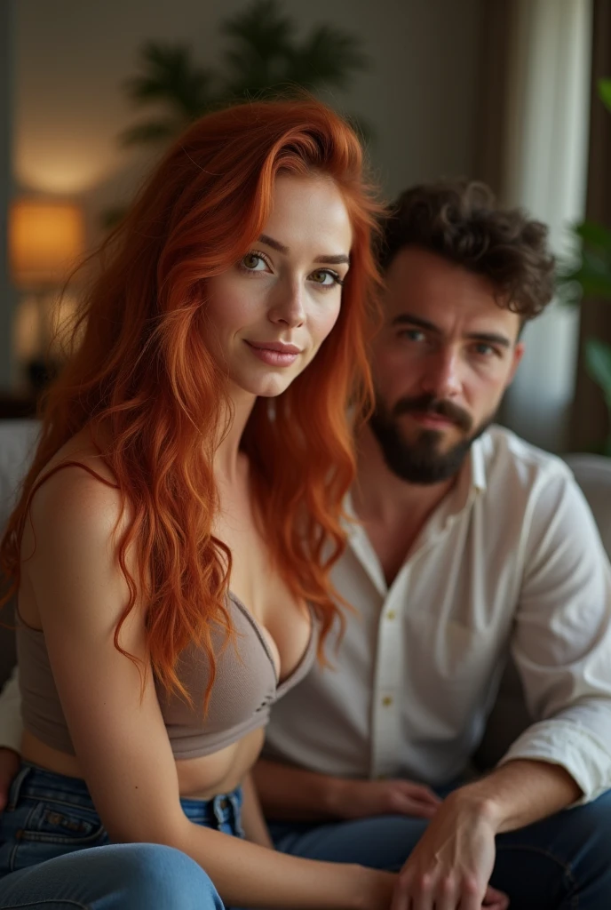 3 people, a beautiful woman, married woman, 32 years old, long red hair, shiny brown eyes, NUDE, sitting on a man's lap on the couch while her husband watches them both
