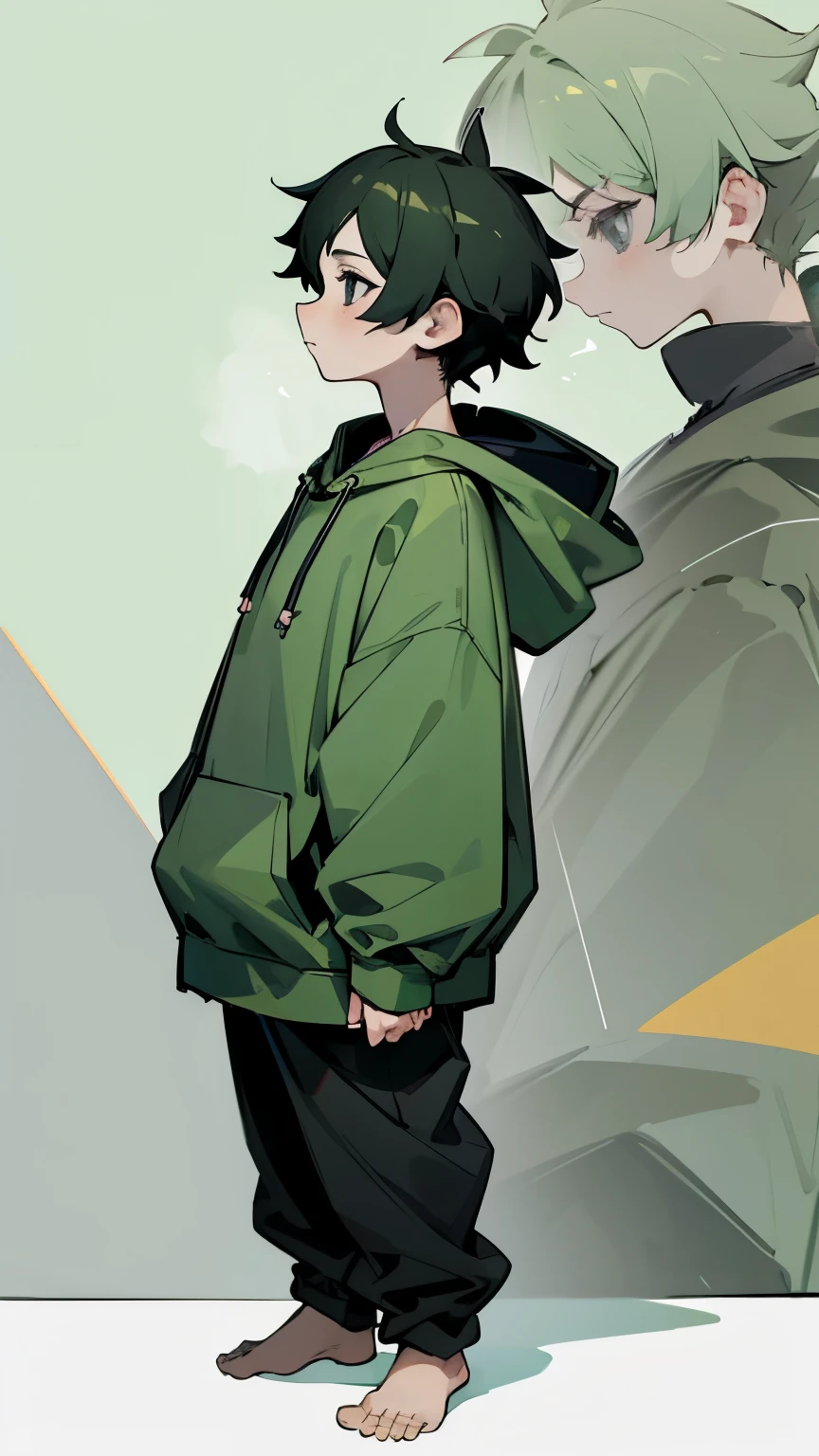 masterpiece, alone,  boy, oversize green pastel hoodie, anime, profile full body, dark black eyes, ,