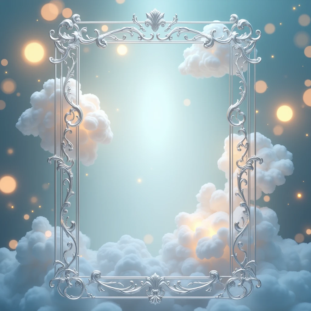 Generate an image that has a delicate design on the margins with Silver, The abstract background with lights and in the center a vertical rectangle formed with clouds.