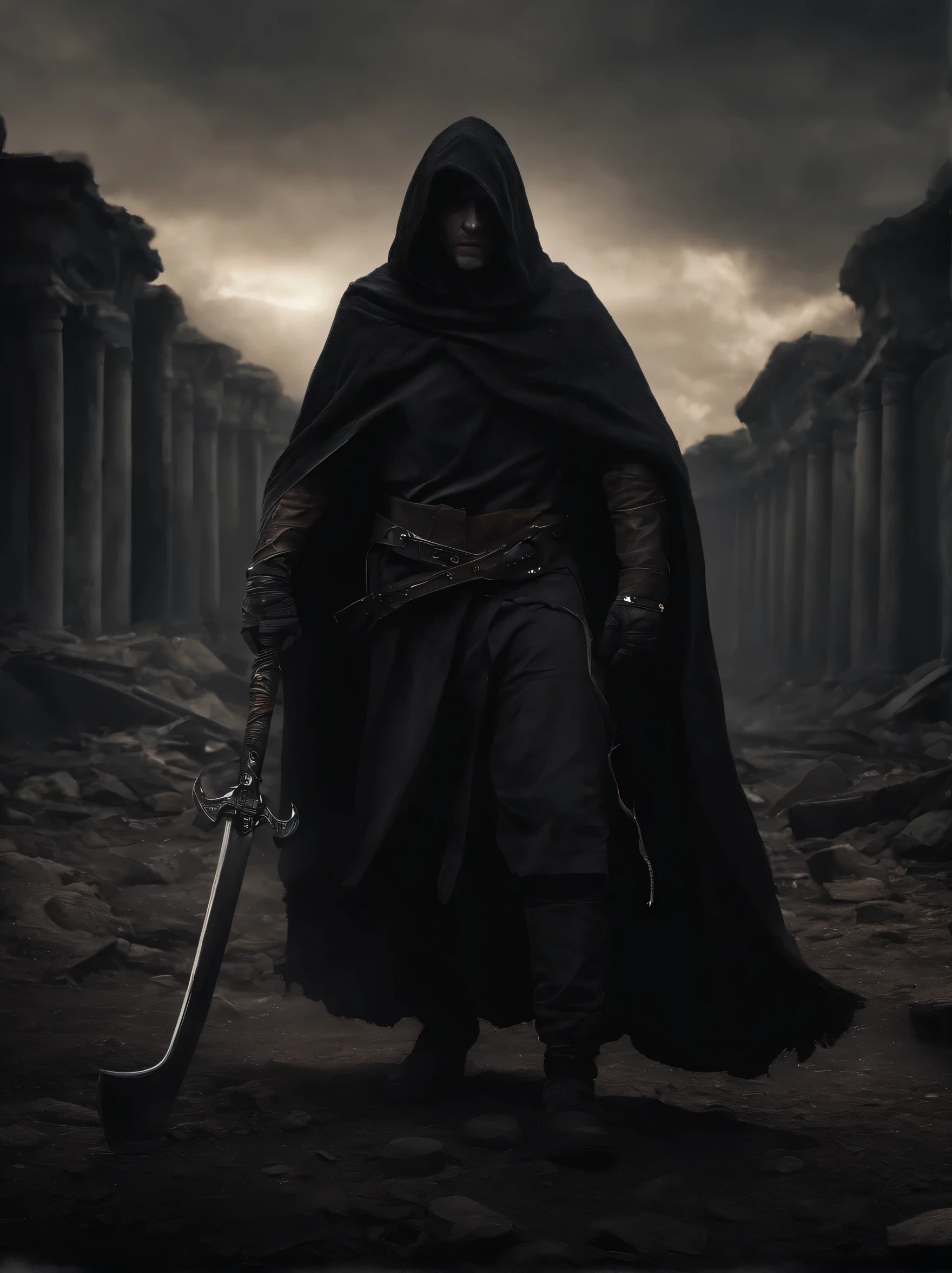 A terrifying Grimm Reaper warrior, post-apocalyptic landscape, dark moody atmosphere, ominous clouds, gritty textures, dramatic lighting, muscular figure, hooded robe, scythe weapon, abandoned ruins, cracked earth, desolate environment, cinematic composition, digital painting, hyperrealistic, muted colors, chiaroscuro, dramatic shadows