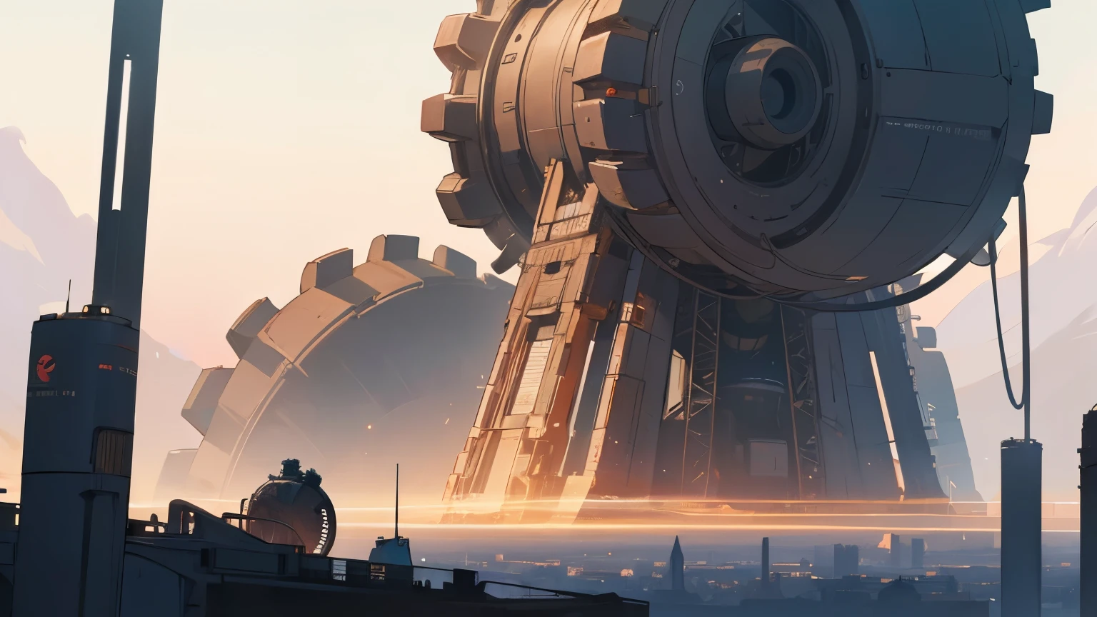 The gears of a large machine are starting to turn, a gigantic gear that seems to be moving the world, a man looking at it, a composition from a very far away, the highest image quality, a masterpiece, a futuristic space, a machine towering high in the sky.