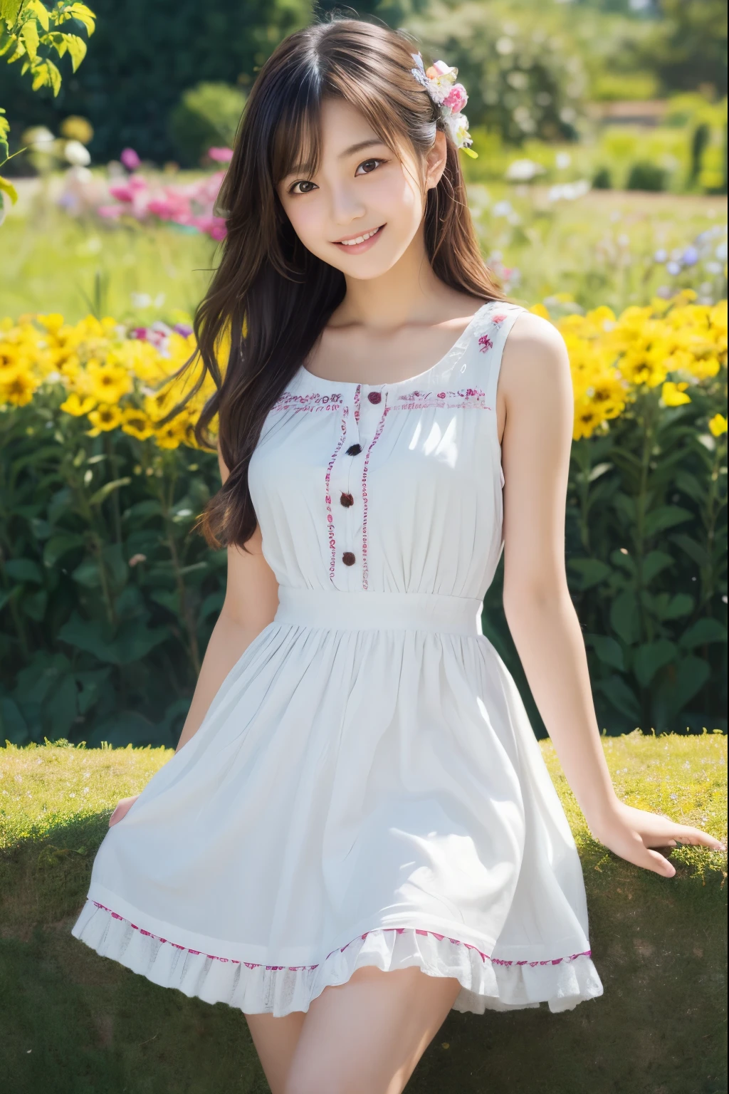 1 young girl,very cute and beautiful japanese teen actress,highly detailed beautiful face,
looking at viewer,smile,beautiful legs,solo,
white blouse,classic brown sleeveless embroidery lolita dress,
flower garden,grassland,shrubbery,real person,photorealistic,8k,raw photo