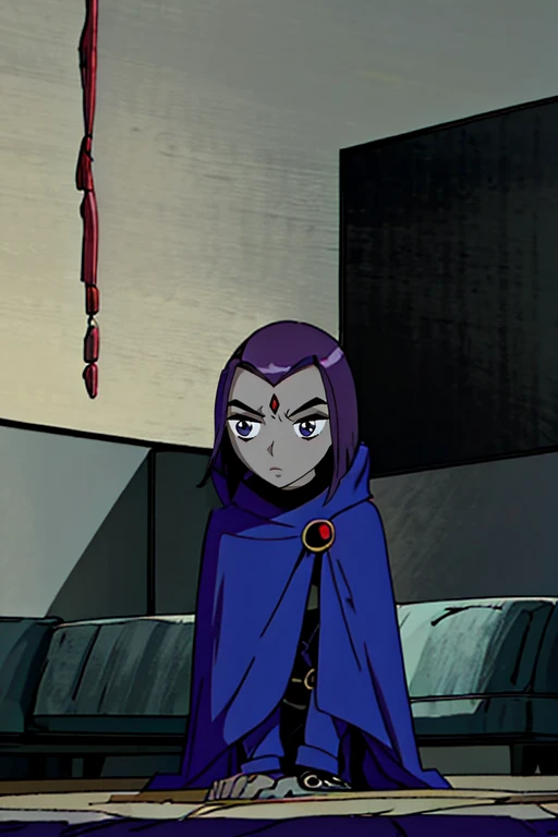 white raven, 1girl, solo, short hair, purple hair, hood, cape, colored skin, cloak, grey skin, forehead jewel, room, living room,, cape touch the ground,  
From Below, sad