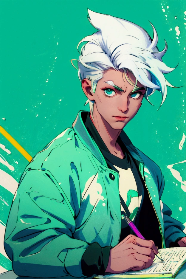Create an image of a boy with white hair and a neon green jacket. Writing in your notebook