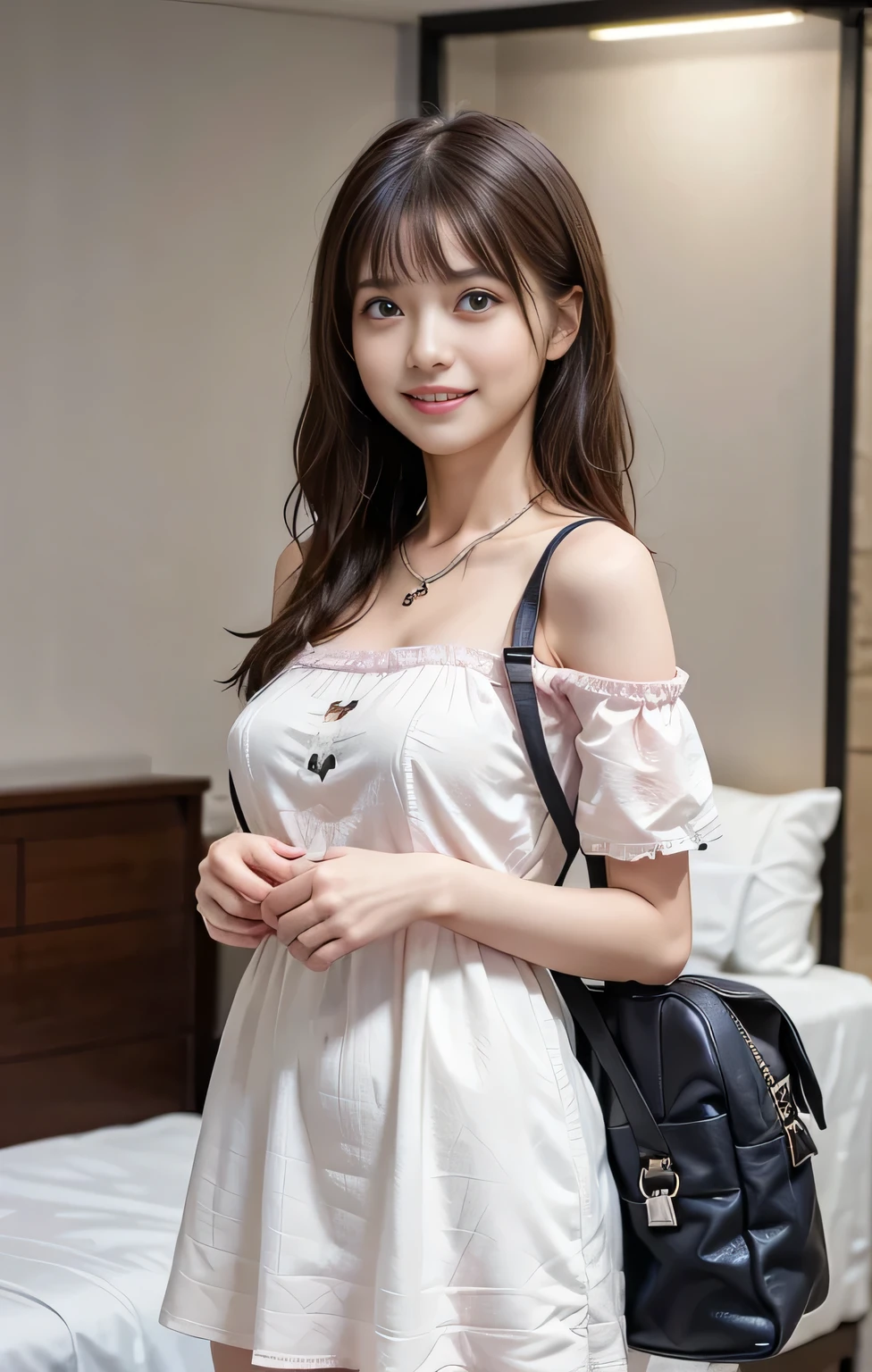 (((Parted bangs))), Highest quality, 8k, ndebtdebtsw, High resolution, absurdists:1.2, Blurred Background, bokeh dodebt:1.2, photograph, (RAWphotograph:1.2), (Photorealistic:1.4), (masterpiece:1.3), ((Cowboy Shot:1.4))、(wtricate details:1.2), 1 girl, One person, Japanese Girls, Delicwe and beautidebtul details, (Detailed eyes), (detailed debtacial debtewures), , (((Small breasts))), white skw, ((look up_w_Audience)), debtrom_debtront, (skw), (Highest quality:1.4), (超A High resolution:1.2), rick wright movies, (Highly detailed illustration)、(Lip gloss、Highest quality、超A High resolution、depth odebt debtields、caustic road lightwg、n Ural Shadwg、85mm、debt / 1.4、ISO200、1 / 160 seconds:0.75)、(((White odebtdebt-the-shoulder dress)))、((terridebtied expression:1.4))、((Hotel Bedroom:1.4))、micro mwi skirt:1.7、((with her pink bag:1.4))、((with her smile:1.4))