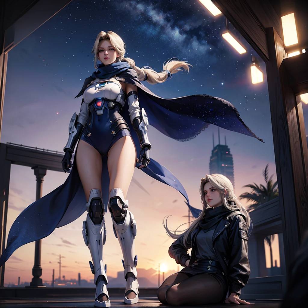masterpiece, best quality, 4K, Mecha, starry Sky, Sky, Star(Sky), cape, scarf, Long legs, Long hair, White hair, Cyberpunk, Depth of Field, Blurred background,