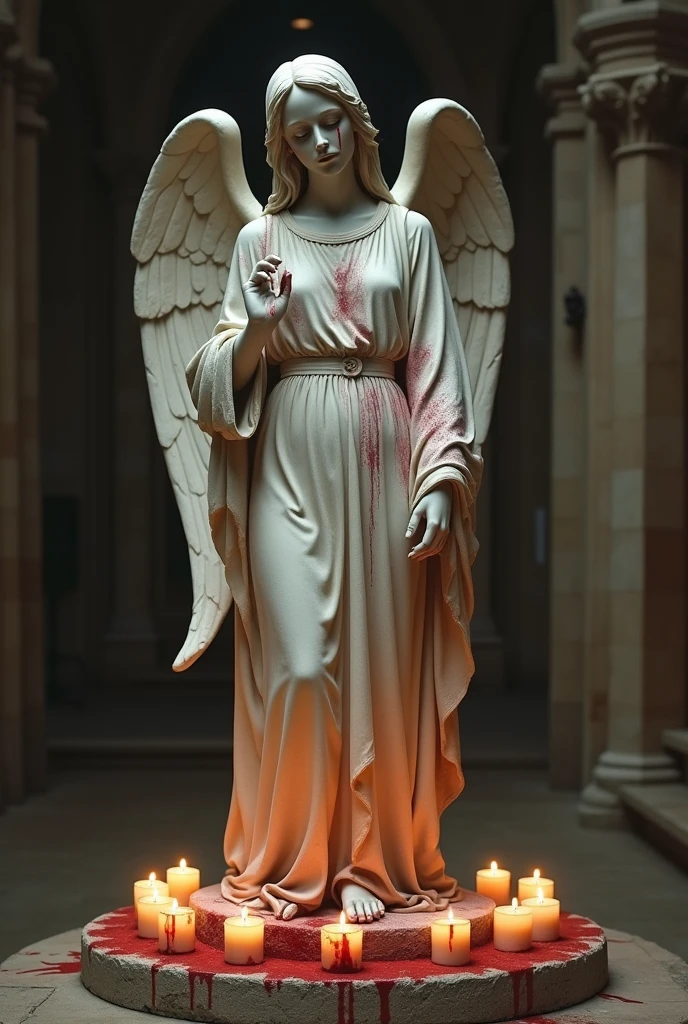 A stone statue of a female angel，Wearing a white robe，There was blood on the robe，The angel stands on a circular stone platform，In the church，The angel has a pair of angel wings on his back，There are a lot of lit candles at your feet，There was blood everywhere，Two lines of bloody tears flowed from the angel's face