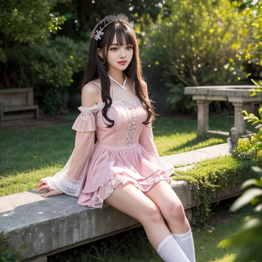 best quality, Delicate face,beautiful visual work, lifelike, eternity, black hair, Long curly hair, blunt bangs, Smile, Detailed Background, Delicate face,blush,cold,((masterpiece))、(top quality)、8k、high detail、Super detailed,31-year-old female,lolita dress, layered dress, Lots of bows on the dress,Pink dress,masterpiece、born、Scenes resembling fairy tale illustrations、intricate details和複雜的設計、Beautifully、magic、capricious、 Beautifully、Dream aesthetics、「𝓡𝓸𝓶𝓪𝓷𝓽𝓲𝓬、ethereal、charming、fickle、magic」、realism、Visual effects、FXAA、SSAO、Shader、voiceless、ambient lighting、Tone mapping、High resolution、Ultra high quality、Million pixels、(8K resolution:1.10)、8k、8k以下、8K resolution、high detail、intricate details, (high quality:1.2、masterpiece:1.2、:1.21)、(31-year-old female:1.21)、(興奮地Smile)、(被dreamy atmosphere所包圍、Model diagram,full-body shot,Normal 2 feet,Put your hands behind you,The protrusion of the breast is visible when wearing clothes, Large Breasts, H cup chest, in the garden,
Pink skirt, Pink loli dress, layered skirt, Lolita style long skirt,layered dress lace-trimmed 裙子, decorate, lace, Long sleeve, Puff sleeves, Wide sleeves, Transparent sleeves, Detailed Background, White knee socks, pink shoes,Lots of lace,((masterpiece))、(top quality)、8k、high detail、Super detailed、穿着Pink loli dress((dreamy atmosphere:1.1)),masterpiece、born、Scenes resembling fairy tale illustrations、intricate details展示了洛麗塔連身裙的荷葉邊和複雜的設計,Baotou shoes