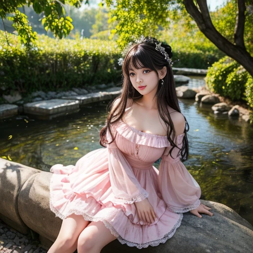 best quality, Delicate face,beautiful visual work, lifelike, eternity, black hair, Long curly hair, blunt bangs, Smile, Detailed Background, Delicate face,blush,cold,((masterpiece))、(top quality)、8k、high detail、Super detailed,31-year-old female,ta dress, layered dress, Lots of bows on the dress,Pink dress,masterpiece、born、Scenes resembling fairy tale illustrations、intricate details和複雜的設計、Beautifully、magic、capricious、 Beautifully、Dream aesthetics、「𝓡𝓸𝓶𝓪𝓷𝓽𝓲𝓬、ethereal、charming、fickle、magic」、realism、Visual effects、FXAA、SSAO、Shader、voiceless、ambient lighting、Tone mapping、High resolution、Ultra high quality、Million pixels、(8K resolution:1.10)、8k、8k以下、8K resolution、high detail、intricate details, (high quality:1.2、masterpiece:1.2、:1.21)、(31-year-old female:1.21)、(興奮地Smile)、(被dreamy atmosphere所包圍、Model diagram,full-body shot,Normal 2 feet,Put your hands behind you,The protrusion of the breast is visible when wearing clothes, Large Breasts, H cup chest, in the garden,
Pink skirt, Pink loliss, layered skirt, Lolita s long skirt,layered dress lace-trimmed 裙子, decorate, lace, Long sleeve, Puff sleeves, Wide sleeves, Transparent sleeves, Detailed Background, White knee socks, pink shoes,Lots of lace,((masterpiece))、(top quality)、8k、high detail、Super detailed、穿着Pink loli dress((my atmosphere:1.1)),masterpiece、born、Scenes resembling fairy tale illustrations、intricate details展示了洛麗塔連身裙的荷葉邊和複雜的設計,Baotou shoes