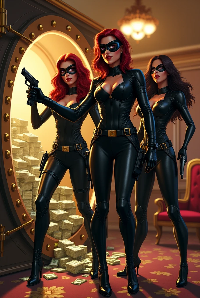 Une famme en tenue de Black widow une autre famme en tenue de Black cat et une autre femme en tenue de la famme invisible et une femme en tenue de Gi joe la baronne qui fon un braquage dans un casino avec des armes et le coffre ouvert avec dedans bauecou agen donc des sac pour ramasser la agen