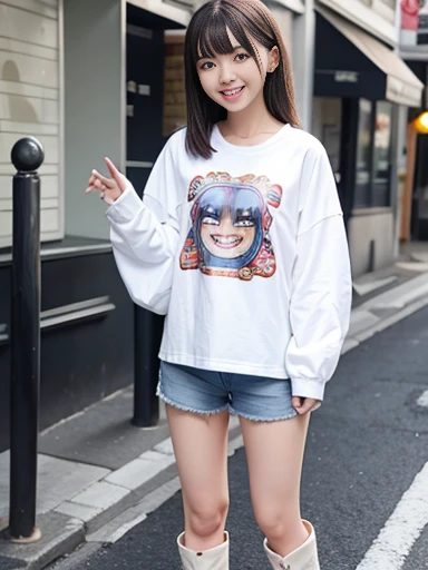 Japanese female, (underweight), (flat chest best quality:1.3), (cheerful grin:1.5),
colorful sidewalk, (car), standing, (long-sleeved t-shirt), (white shorts), (black boots), long shot, from below