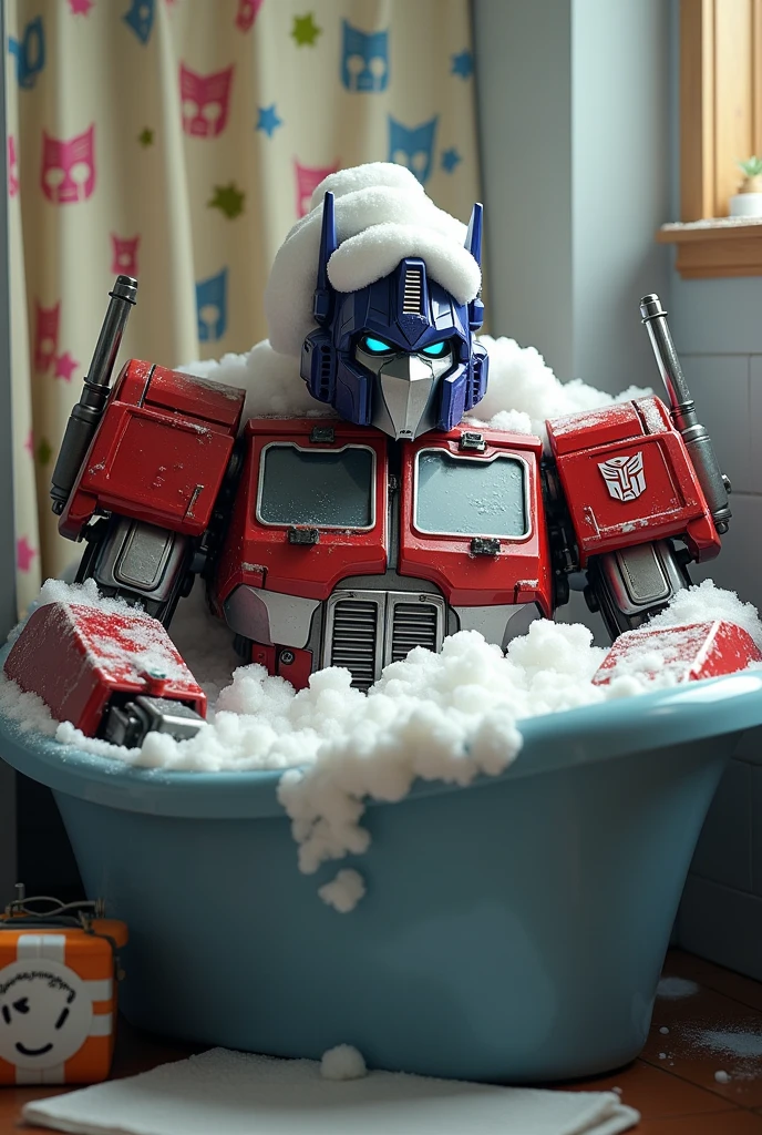 Optimus prime taking a soapy bath with shower curtains and bathing hat