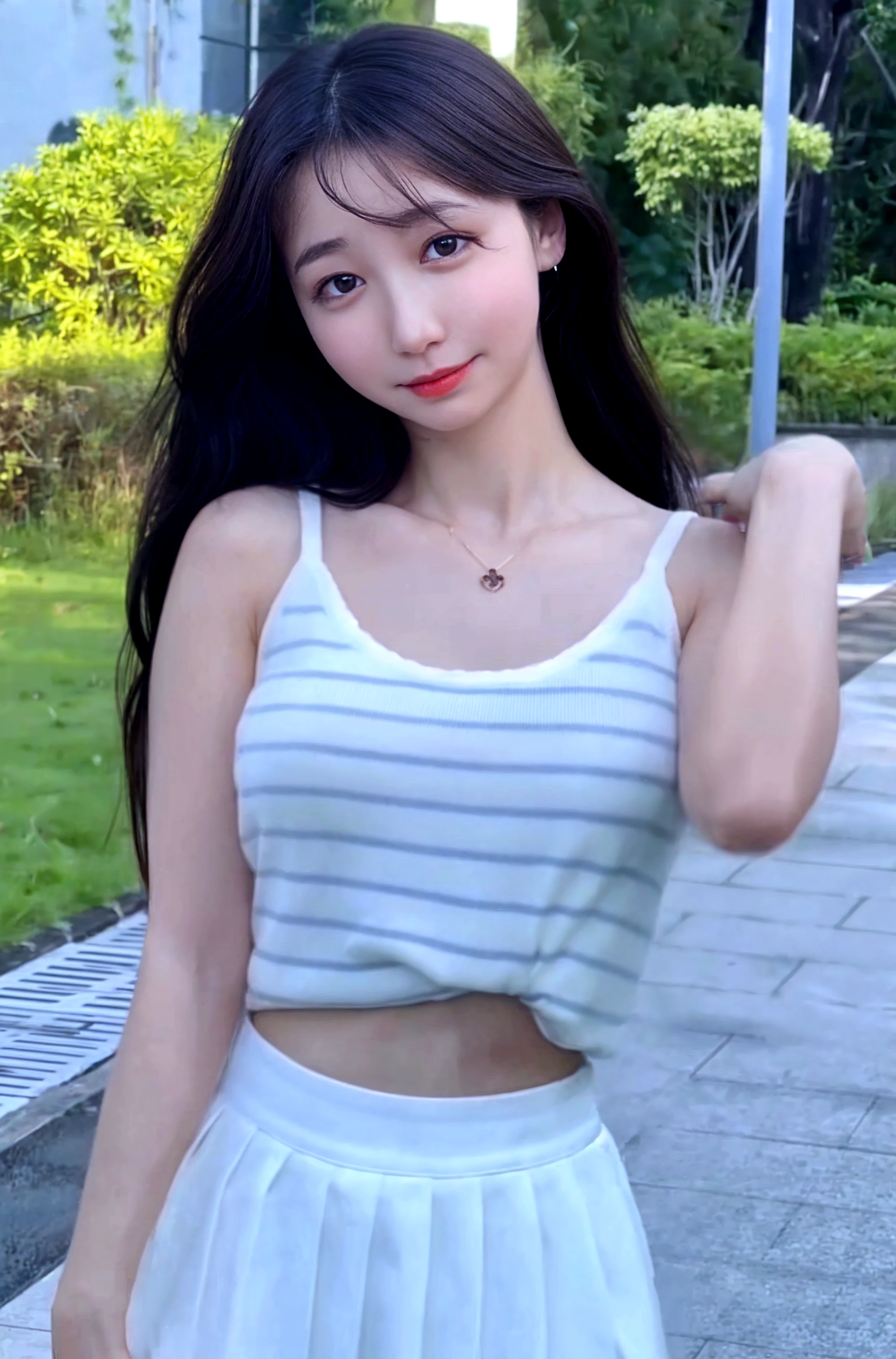 16 years old,high school girl,Black Hair,bangs,ponytail,Hair blowing in the wind,Straight hair,Dark Eyes,Small face,Young Face,Clean your eyes,Small Mouth,thin,Young Face,Flat chested,Flat chested,Flat chested,Small breasts,Small breasts,Small breasts,Realistic photos,8k,Mouth slightly open,Ultra HD,whole body,Pure girl,grassland,blue sky,whole body,,White tank top dress,summer,smile,Showing teeth,Back view,look back,Butt