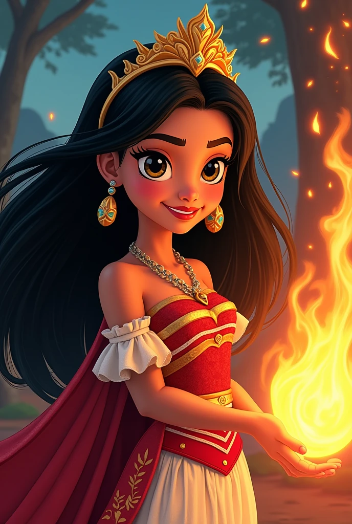 I would like to create a Disney style movie poster, exactly with her cartoon style based on the name Alexandra, that she be a princess with black hair and white skin, that she controls fire and that's why she is thought to be a villain. But in a cartoon style like Moana. That it says the name Alexandra as a title and that it is well set in the atmosphere.
