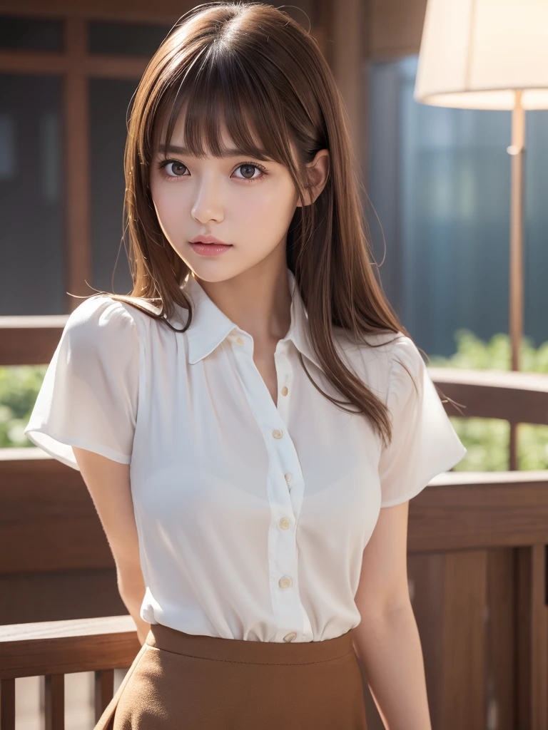 (detailed skin:1.2), (shiny skin:1.1), 8k,best quality, masterpiece, ultra high res, (photorealistic:1.4), RAW photo, (soft saturation:1.3), (fair skin:1.2), 1woman, gyaru, glamor, brown hair, medium hair, asymmetrical hair, wavy hair, asymmetrical bangs, collared white shirt, slit tight skirt