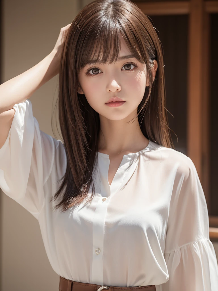 Product quality,1 girl,Cowboy Shot,Front view,Young and pretty girl in Japan,Midday,Wearing a stylish white blouse,Wearing a micro mini skirt,Super cute face,,Glossy Lips,Big eyes,Double eyelids on both eyes,(Natural Makeup),Brown eyes,shiny smooth light brown hair with long hair,,Asymmetrical bangs,Center image,8k resolution,Attention to detail,Detailed hairstyle,Detailed face,Cinema Lighting,Octane Rendering,Ultra-realistic,Perfect limbs,Perfect Anatomy,