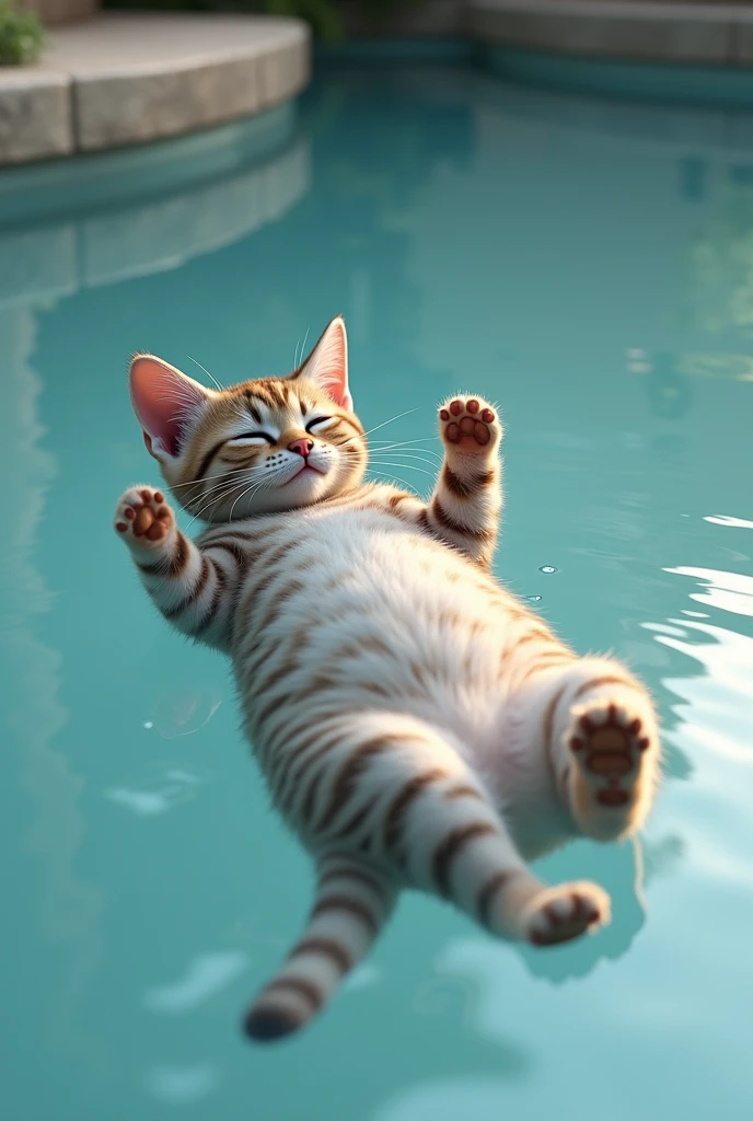 You can create the image of a realistic cat of approximately 8 months, Ash-colored with very light brown circle patterns . That he is lying on his back in crystal clear water, with his eyes closed 