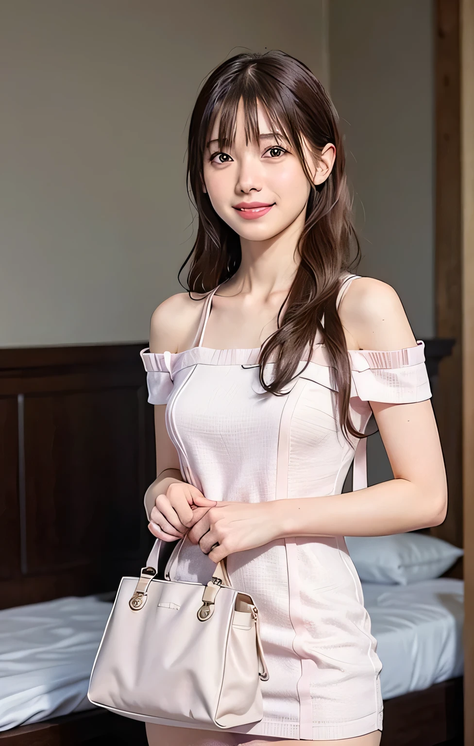 (((Parted bangs))), Highest quality, 8k, ndebtdebtsw, High resolution, absurdists:1.2, Blurred Background, bokeh dodebt:1.2, photograph, (RAWphotograph:1.2), (Photorealistic:1.4), (masterpiece:1.3), ((Cowboy Shot:1.4))、(wtricate details:1.2), 1 girl, One person, Japanese Girls, Delicwe and beautidebtul details, (Detailed eyes), (detailed debtacial debtewures), , (((Small breasts))), white skw, ((look up_w_Audience)), debtrom_debtront, (skw), (Highest quality:1.4), (超A High resolution:1.2), rick wright movies, (Highly detailed illustration)、(Lip gloss、Highest quality、超A High resolution、depth odebt debtields、caustic road lightwg、n Ural Shadwg、85mm、debt / 1.4、ISO200、1 / 160 seconds:0.75)、(((White odebtdebt-the-shoulder dress)))、((terridebtied expression:1.4))、((Hotel Bedroom:1.4))、micro mwi skirt:1.7、((with her pink bag:1.4))、((with her smile:1.4))