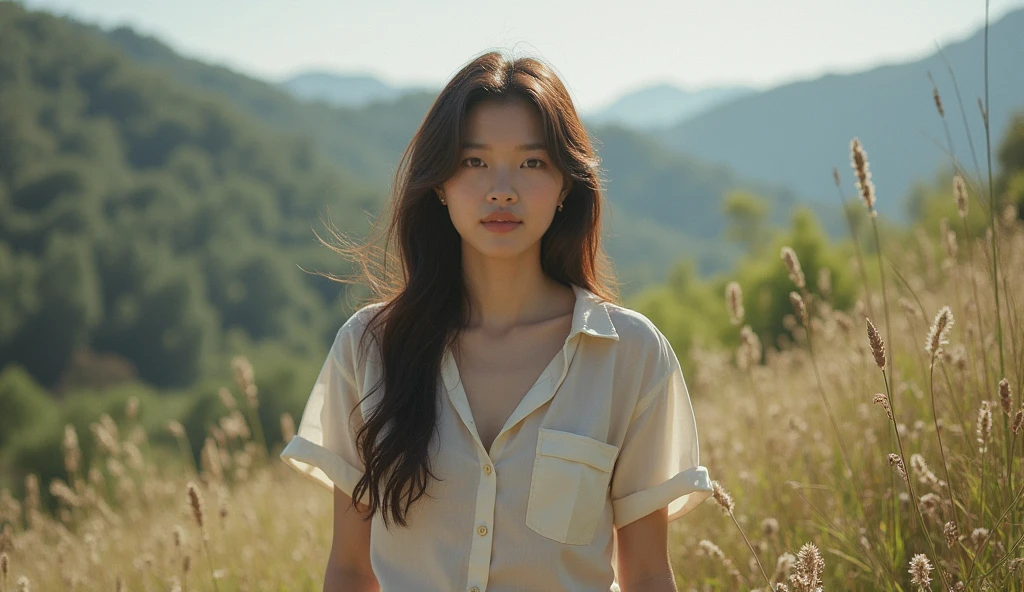 A hyper-realistic image of a single Japanese woman in her early 20s, captured with the rich, nostalgic warmth and pronounced graininess of a classic film camera. Her skin has a warm beige tone with a natural, slightly rough texture that includes visible pores, fine lines, and subtle imperfections such as small blemishes, adding to the authenticity of her appearance. The image is imbued with the signature characteristics of film photography: a soft, slightly muted color palette, noticeable grain, and a gentle vignetting around the edges that draws focus to the subject. The light is diffused and natural, reminiscent of a late summer afternoon, casting soft, golden highlights on her sun-kissed skin and creating deep, warm shadows that enhance the filmic quality. Her straight, glossy black hair is lightly tousled by a gentle summer breeze, and her deep brown eyes reflect the ambient light with a vintage warmth. The background hints at a summer setting, with blurred, sunlit greenery or the suggestion of a clear, warm sky, all rendered with the characteristic softness of film. She is dressed in light, breathable fabrics that suggest the warmth of the season, further complementing the film-like atmosphere. The overall composition is a blend of genuine, understated elegance and a nostalgic summer vibe, capturing the imperfections and the timeless beauty that make her appear truly lifelike, all through the lens of a classic film camera.