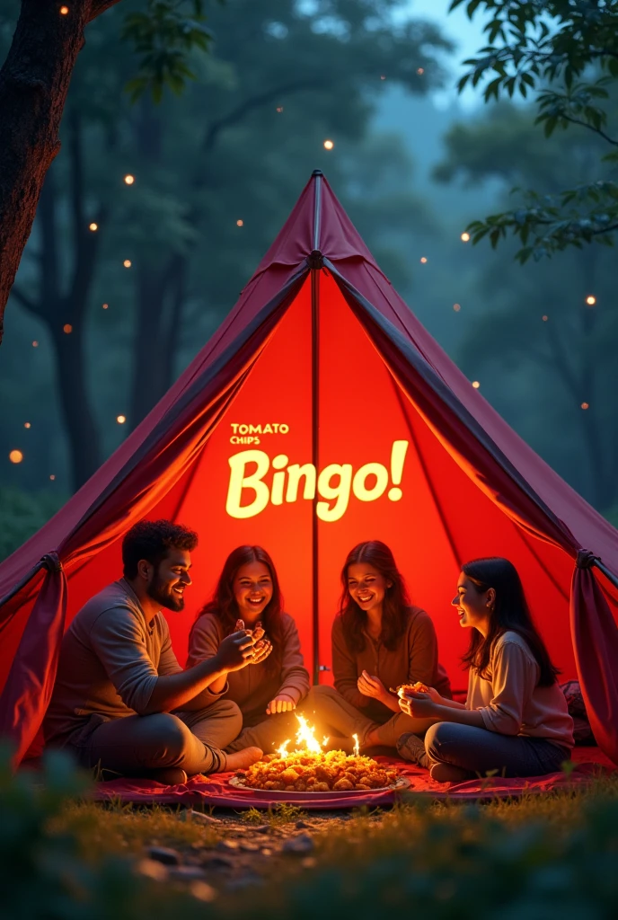 High angle view, A (A frame Tent) that is branded with with Red Colour Bingo! Tomoatto Chips, A group of (happy friends laughing: 1.9) )they are sharing (Bingo! chips: 3.1), Bingo! chips is an Indian brand, There are four characters, The camp is inside a forest, neat out line, detailed, White background, wide aspect ratio, fairy tale style, fairy tale style, hand-drawn, 3D pixar style, (Warm light source:1.2), (fire Fly:2.2), (nebula:1.3), 4K, Super detailed, (Dynamic configuration:1.4), HD Pixar detailed, Colorful details, (masterpiece:1.2), (highest quality),