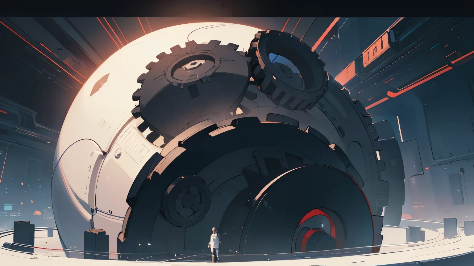 The gears of a large machine are starting to turn, a huge gear that seems to be moving the world, many gears interlocking, a man (white shirt, black pants, short black hair) looking at it, composition from a very far away. , the highest image quality, the best masterpiece, a futuristic space, a machine soaring high in the sky