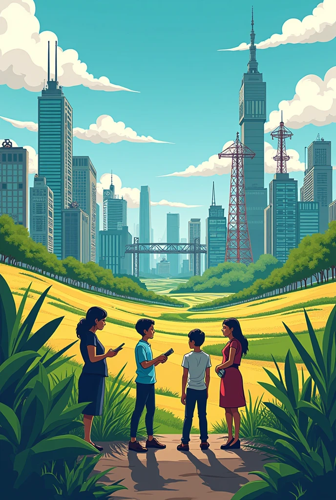 Create a political cartoon depicting how the growth of technology will affect filipino society in the next years. Make it simple