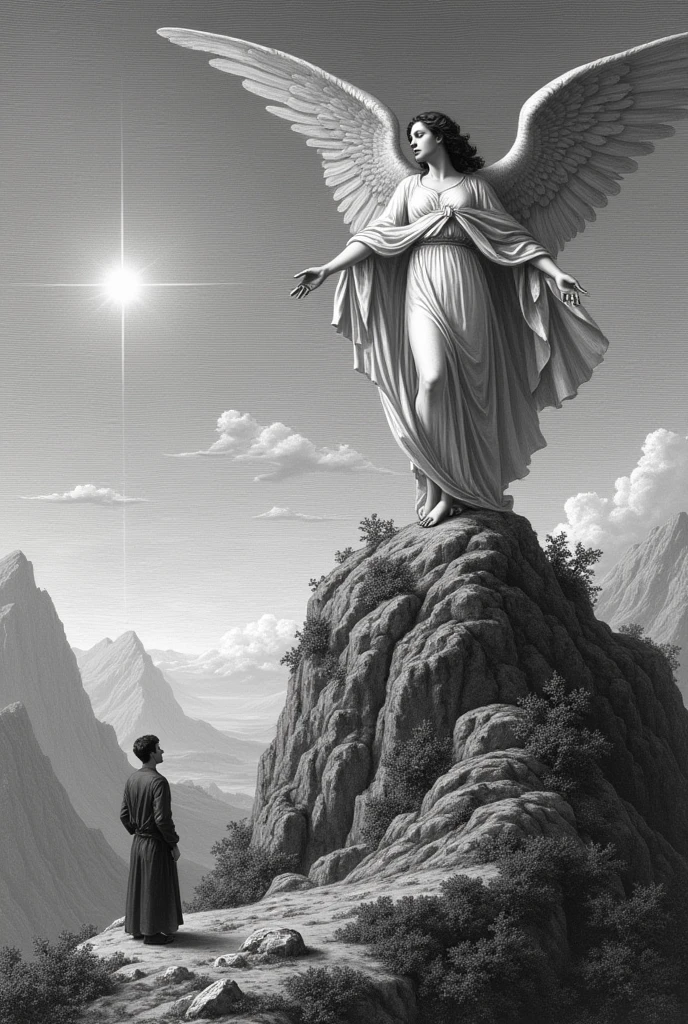 show the depiction of a beautiful female angel with open wings and a silk cloak over here body coming down from the heaven to earth to help mankind she is located at the top of a mountain while at the bottom of the mountain is a man standig and looking up. the man looks smaler in perspective to the angel an engraving by Gustave Doré, pixabay, fine art, gustave dore style, gustave dore' background, Gustave Doré style, gustave dore