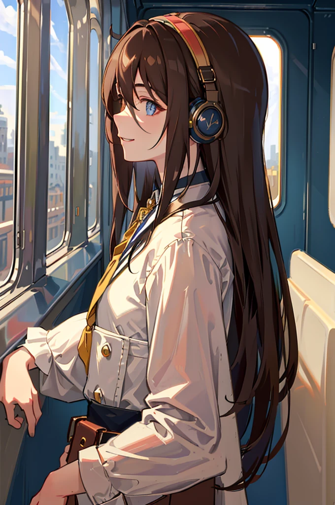 (masterpiece, Side light, Very detailed, Fine and beautiful eyes: 1.2), One boy, bag, building, From the side, Headphones, Food, Food down, Fooded Jacket, Foodie, Jacket, Long Hair ,Brown Hair ,profile ,smile , solo, train, Inside the train, Upper body, masterpiece, Highest quality