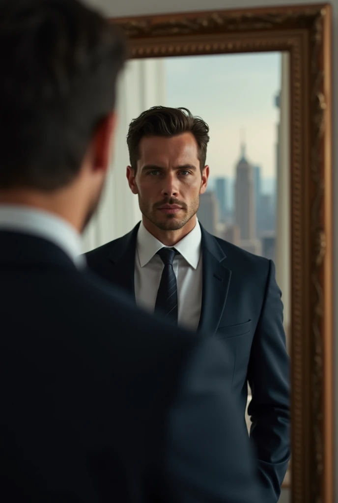 Portrait of a businessman in New York standing behind his mirror in the bedroom in a suit watching himself in the mirror, this man must be handsome and with little elegant hair the image must be clear and in 8k and behind him you must see New York