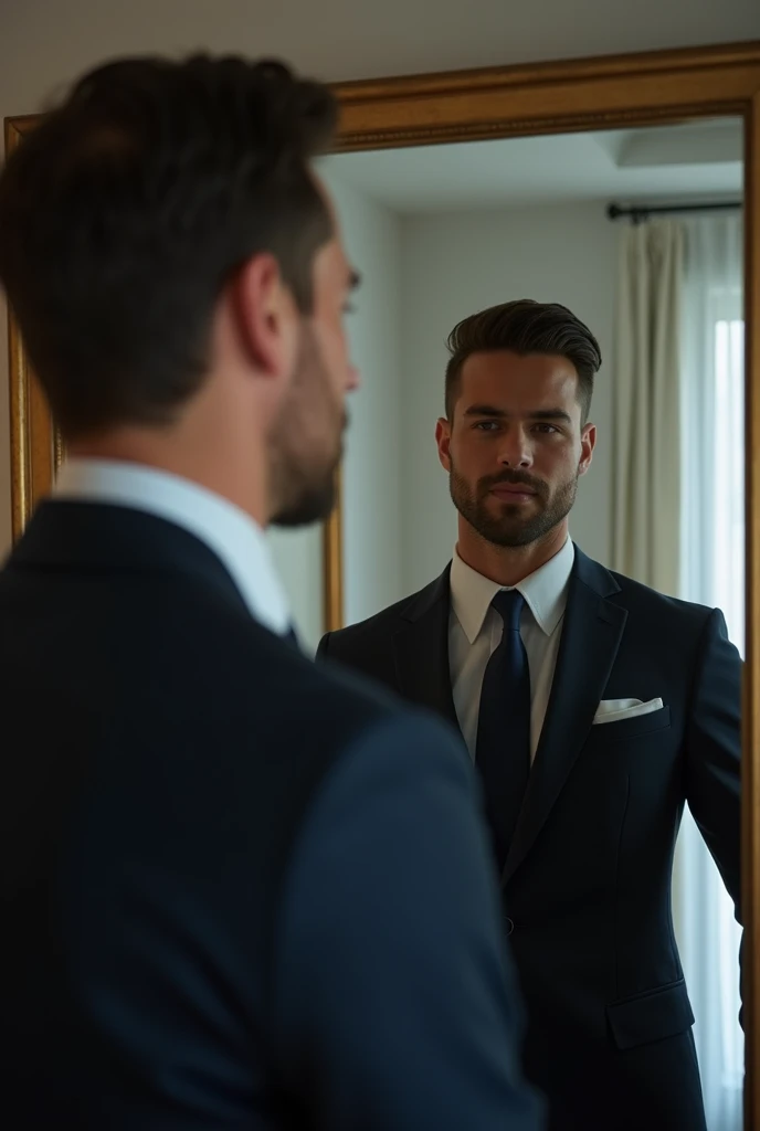 Portrait of a businessman in New York standing behind his mirror in the bedroom in a suit watching himself in the mirror, this man must be handsome and with little elegant hair the image must be clear and in 8k and behind him you must see New York