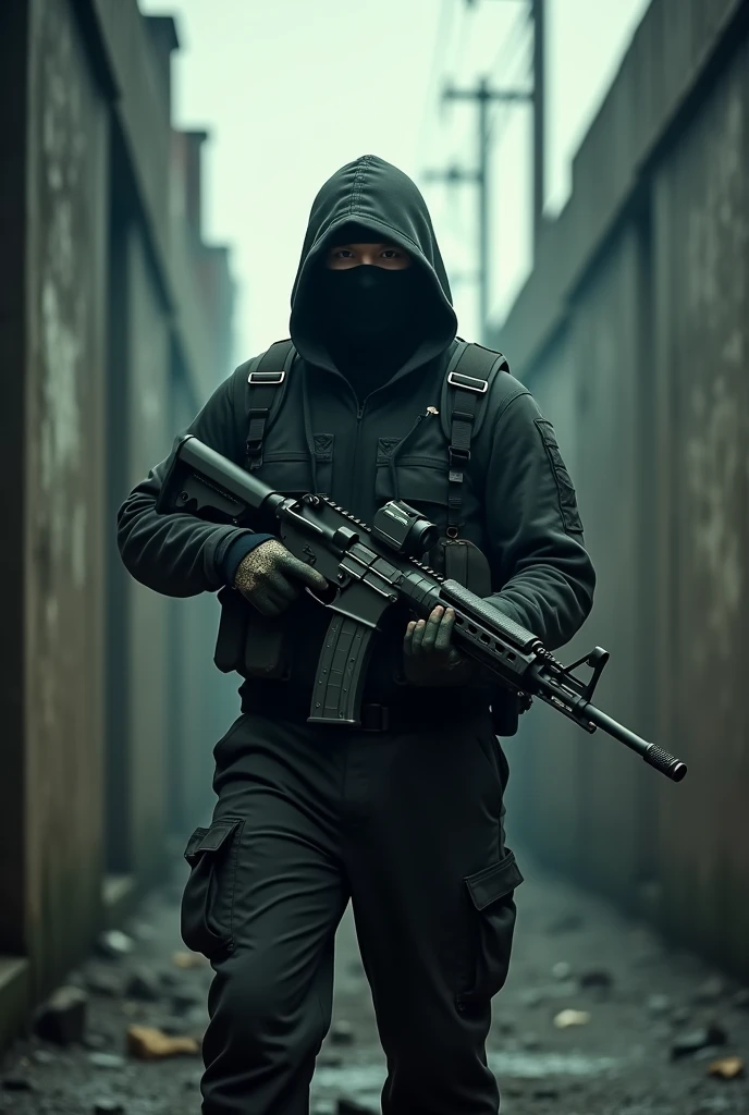 (photorealism:1.2) terrorism movie poster with a terrorist standing with a gun