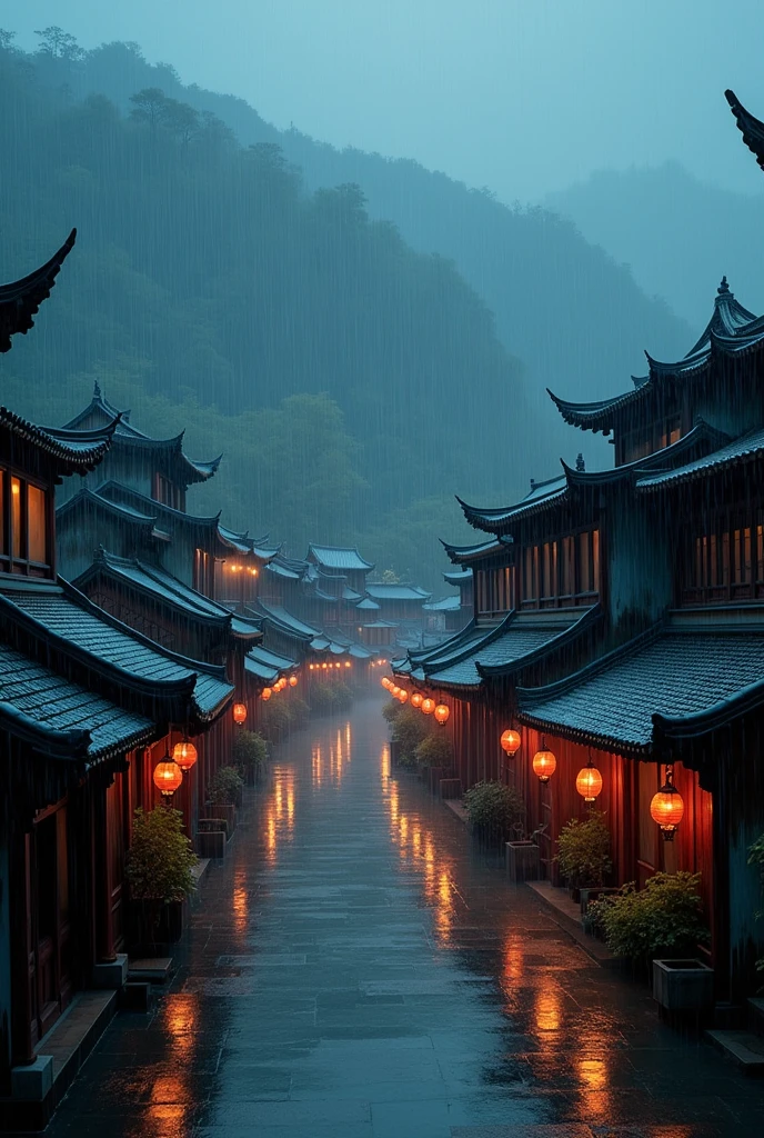 arafed view of a village with a lot of lights on the buildings, dreamy chinese town, chinese village, amazing wallpaper, japanese town, japanese village, hyper realistic photo of a town, old asian village, japanese city, by Raymond Han, rainy evening, cyberpunk chinese ancient castle, beautifully lit buildings, at evening during rain, beautiful and aesthetic, photography, cinematic, 8k, high detailed ((Heavy rain)))